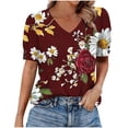 thumbnail image 2 of JTZGDY Puff Sleeve Tops for Women Cute Summer Floral Printed Short Sleeves Graphic T-Shirts Fashion V Neck Trendy Oversized Baggy Tunic Blouses A-Wine#01 M, 2 of 7