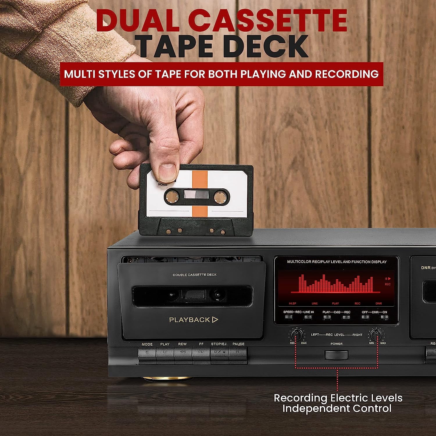 Pyle Dual Cassette Deck Stereo - Excellent Hi-Fi Sound, Compact and Portable Tape Recorder Player with Digital Professional Noise Reducing System and RCA Cables, Record & Play Audio and Music