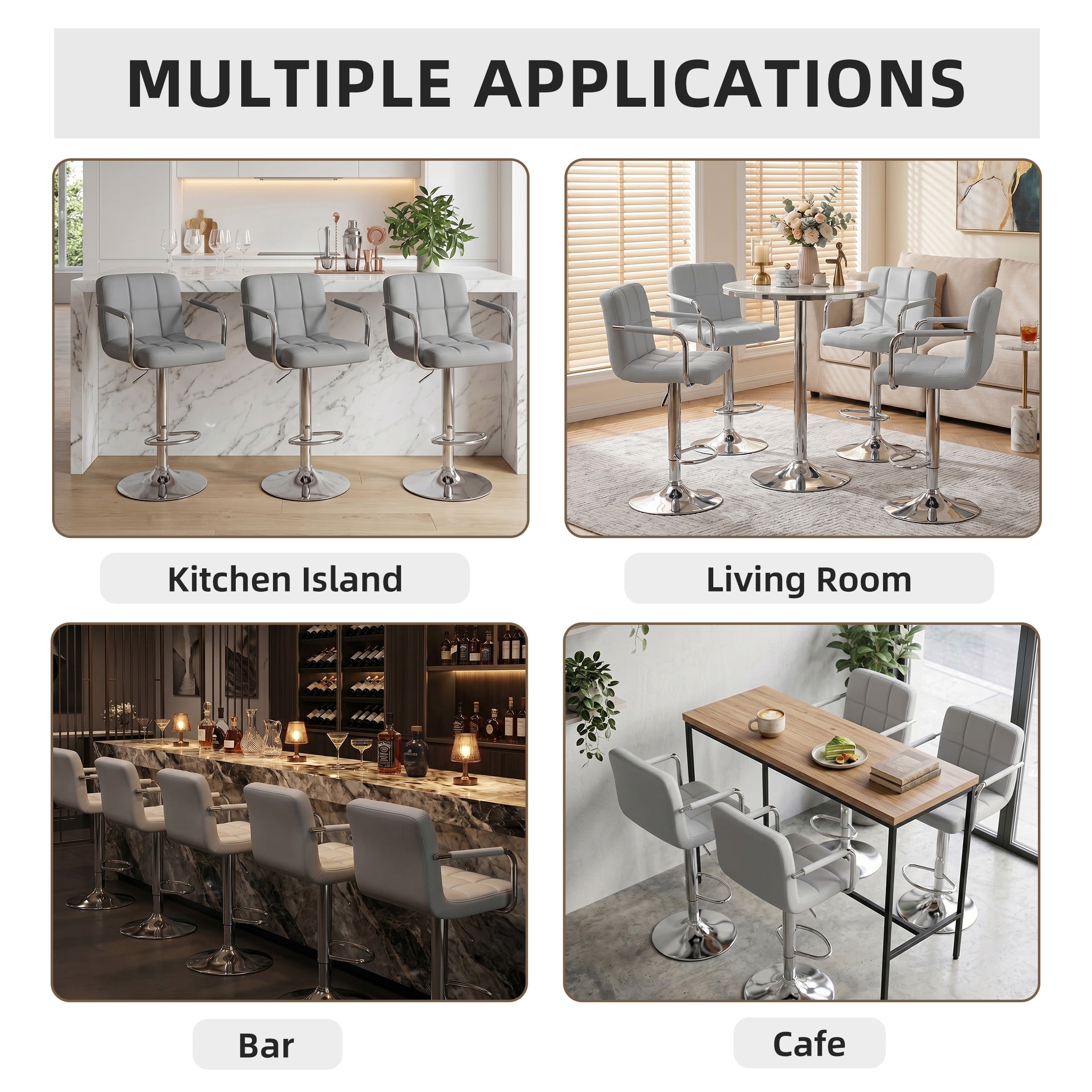 CONCETTA Set Of 2 Swivel Bar Stools With Armrests, Made of Adjustable Pu Leather with Back & Footrest,Gray