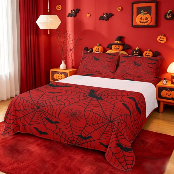 Homewish Gothic Halloween Spider Web Bed Sheets,Bat Spooky Pattern Full Size Sheets,Red Black,4pcs,1 Flat Sheet,1 Fitted Sheet and 2 Pillowcases