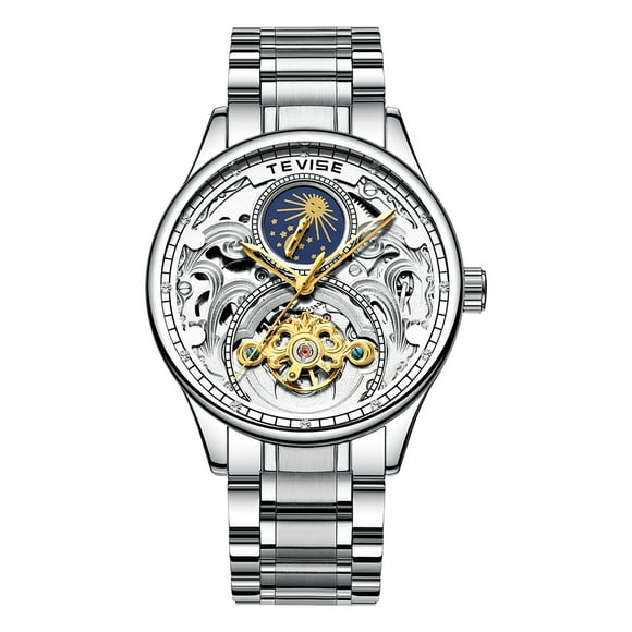 TEVISE TEVISE T820A Montre Mécanique pour Homme avec Affichage des Phases de la Lune, Résistant à l'Eau 3ATM, Bracelet en Acier Inoxydable, Boîtier et Cadran Blancs, Idéale pour les Tenues d'Affaires et Décontractées