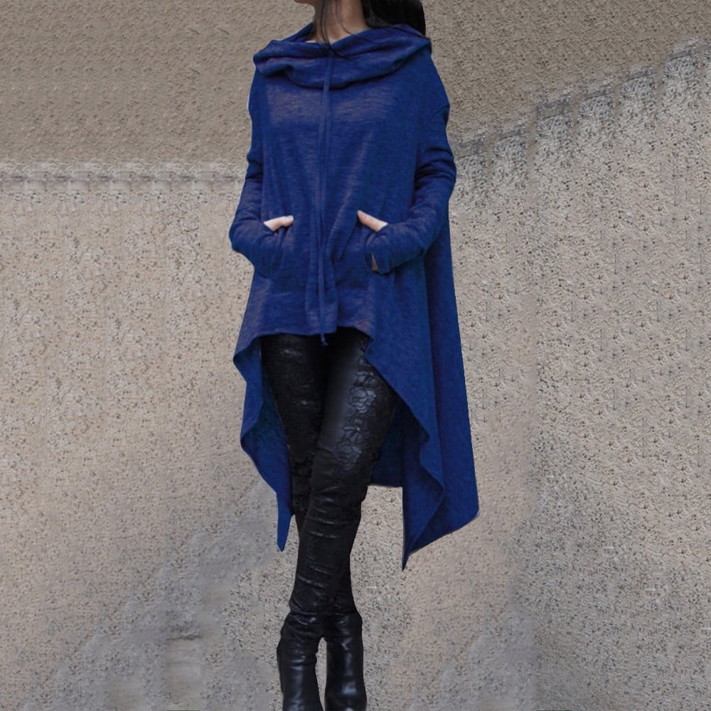 Womens Retro Long Hoodie Asymmetrical High Low Hem Full Sleeve Cowl Hooded Neck Drawstring Loose Sweatshirt Outwear (3X-Large, Blue)