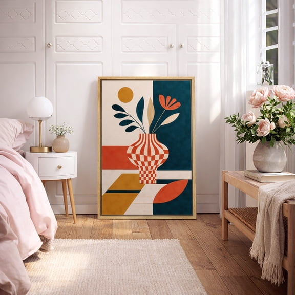 Framed Canvas Wall Art Colorful Geometric Vase Print for Living Room Decoration - 16"x24" NATURAL