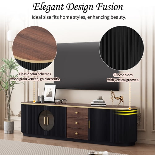 70.8 Inch Modern Minimalist TV Stand for TVs up to 80 Inches, Wood Grain Entertainment Center with 2 Glass Door Cabinets, 3 Drawers and Interior Shelf, Black