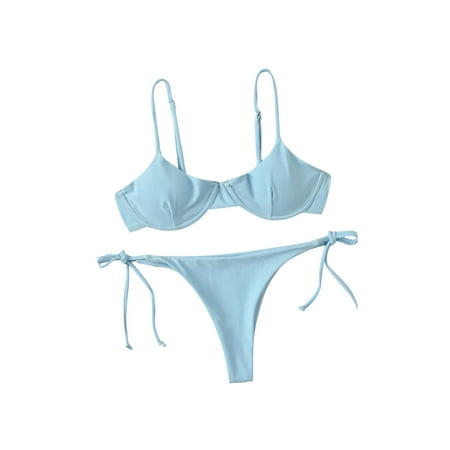 

Seyurigaoka 2Pcs Women Summer Split Swimsuit Set Solid Color/Printed V-neck Bikini + Lace Up Panties