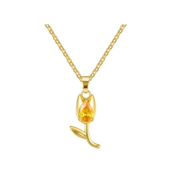 PAURO Women's Stainless Steel Tulip Flowers Pendant Inlay Tiny Teardrop Yellow Cubic Zirconia Charm Necklaces