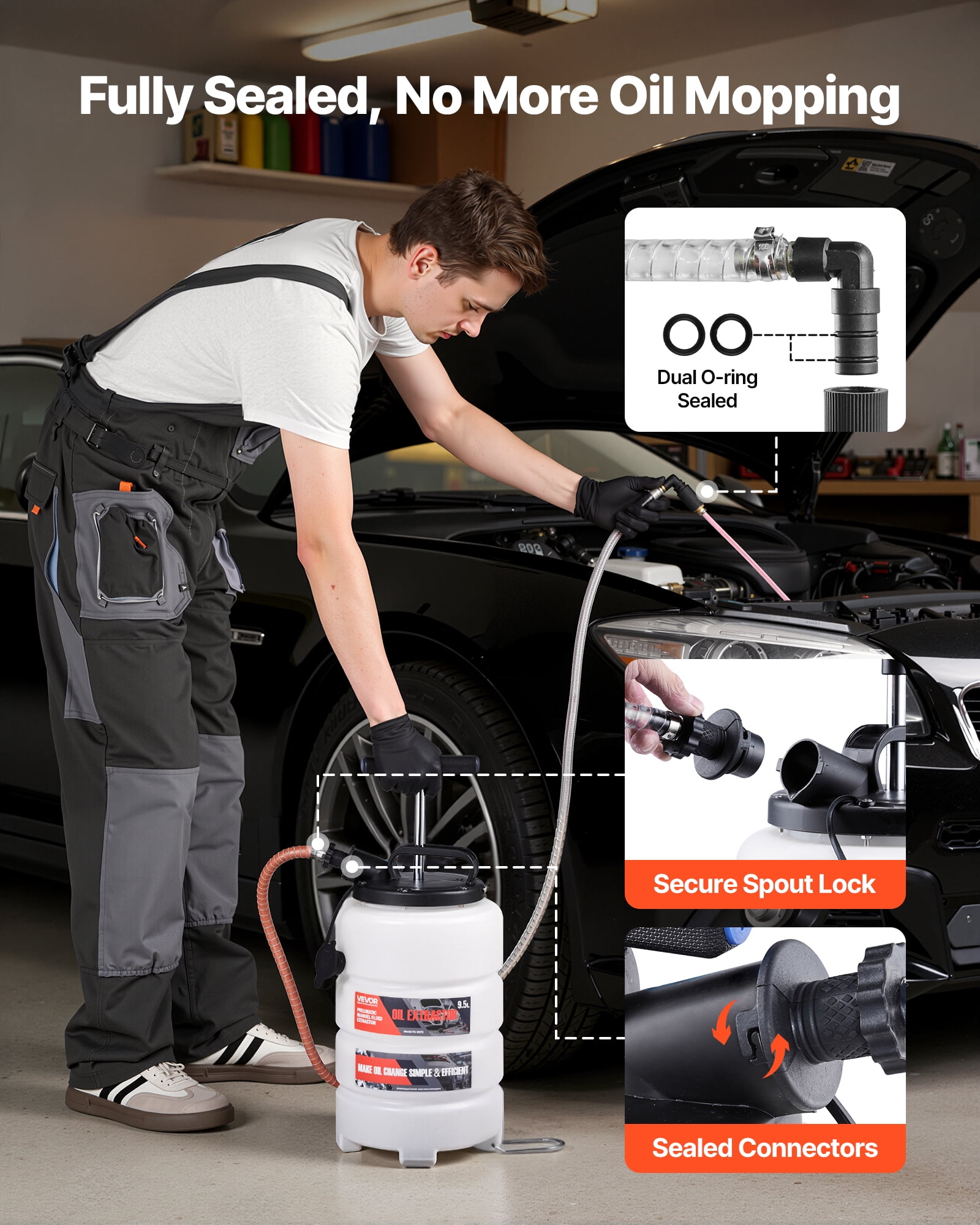 VEVOR Fluid Extractor, 9.5 L Capacity, Manual Vacuum Oil Extractor Pump with 59 in Long Horse & Three 47 in Extension Tubes, Oil Change Pump with HDPE Tank for Cars, Lawn Mowers, Boats, Motorcycles