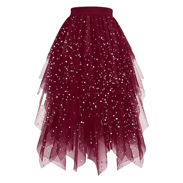 Faldas Largas para las Mujeres de Verano Estrella Primavera Y Verano Falda de Pastel en Capas con Detalle de Lentejuelas de Malla, Falda Larga Irregular de Media Longitud para Diario Informal