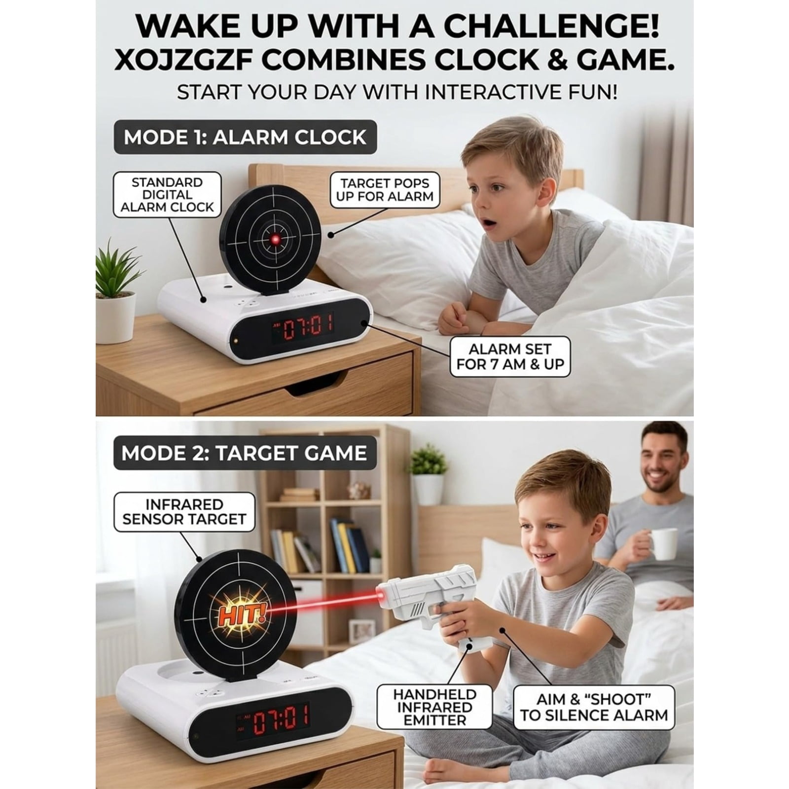 Target Alarm Clock – Shot Timer, Shooting Timing Clock , Interactive Digital Wake Shot, 2 Alarm Modes, Large LED Display for Home Office Living Room