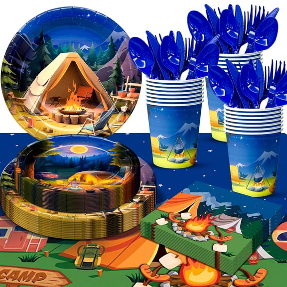 Camping Party Supplies Tableware,141pcs Camping Party Tableware Set - Camping Party Plates & Napkins Cups Tablecloth etc Camping Birthday Party Supplies for Camp Themed Party Decorations (Serves 20)