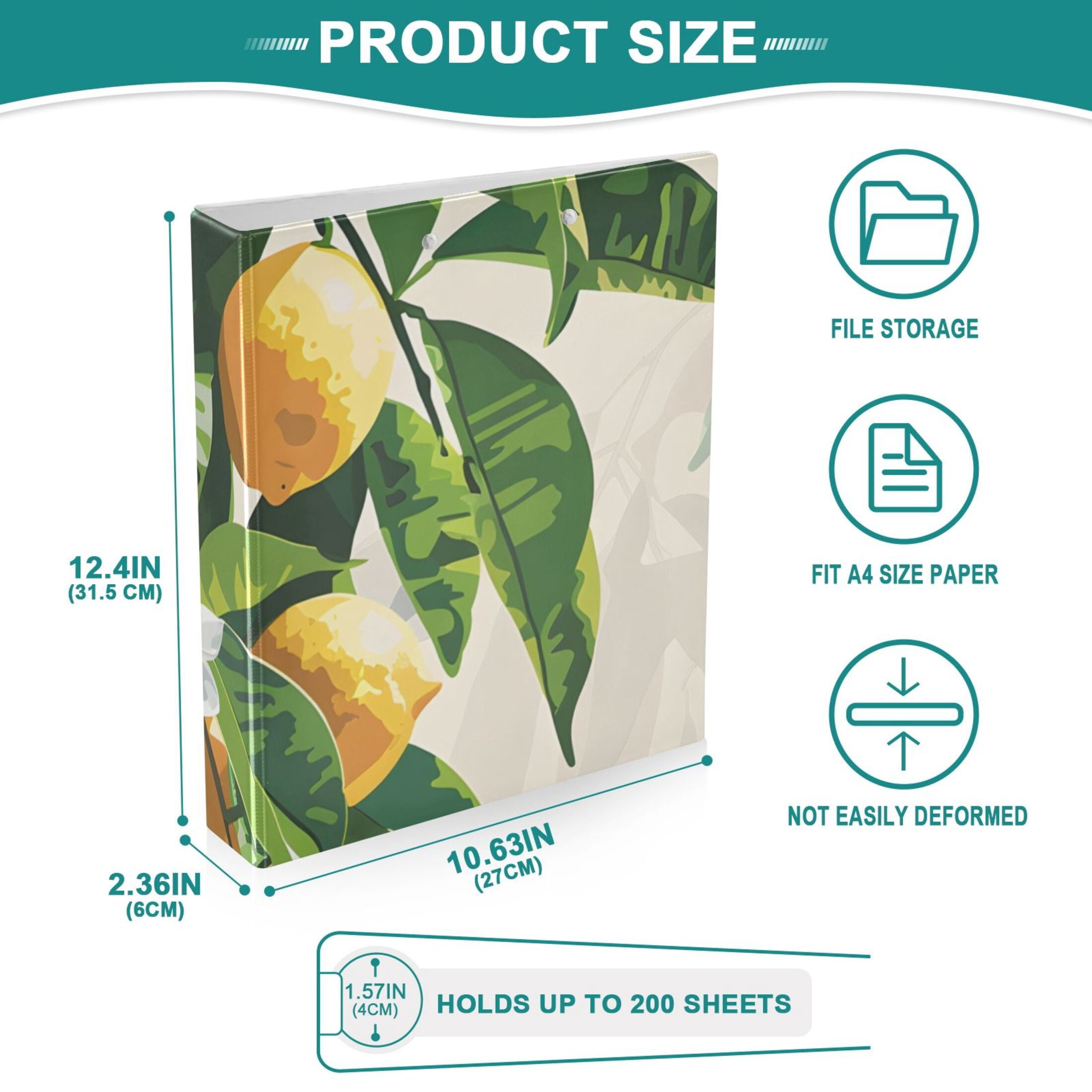 Lemons White Flower 3 Ring Binders 1.5 inch Hardcover File Folders with Interior Pockets A4 Size Organizer for School Office Hospital