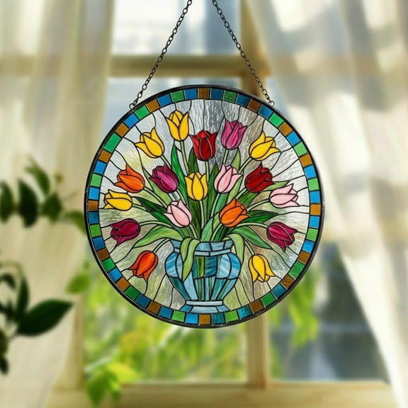 Personalized Colorful Tulips Painted Stained Glass Suncatcher, Teacher Garden Window Hanging Decor,Outdoor Sun Catcher, Flower Botanical Art