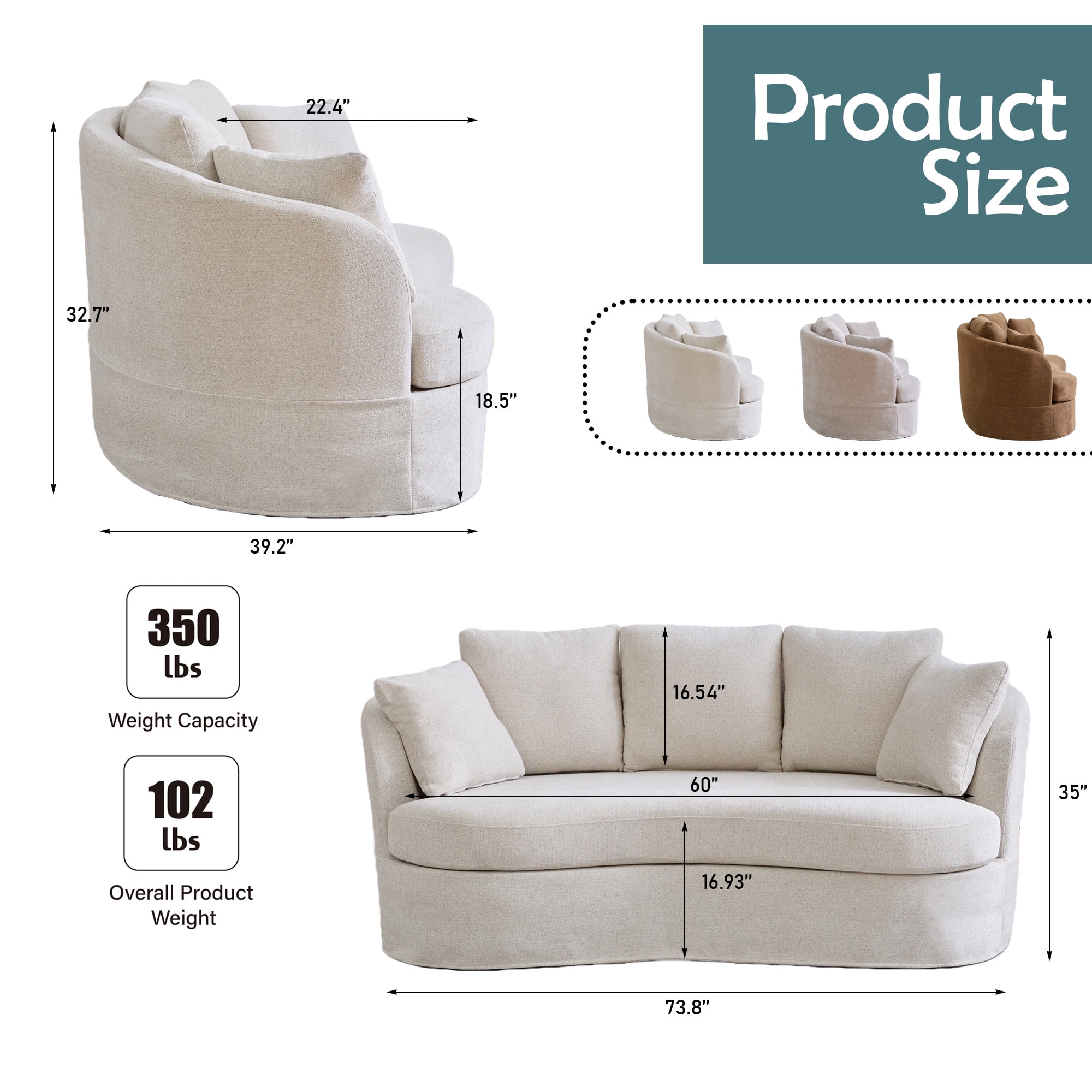 Arouseden 74" Curved Couch for Small Space,Upholstered Beige Loveseat Sofa with 3 Removable Cushions,Small Apartment Couch with Curved Backrest,Chenille Modern Curved Sofa for Living Room