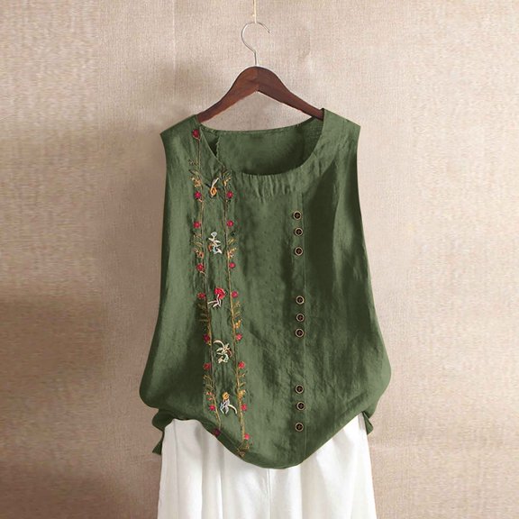 HongQid Womens Embroidered Sleeveless Tops Casual Summer Boho Tank Top Loose Fit Floral Blouses