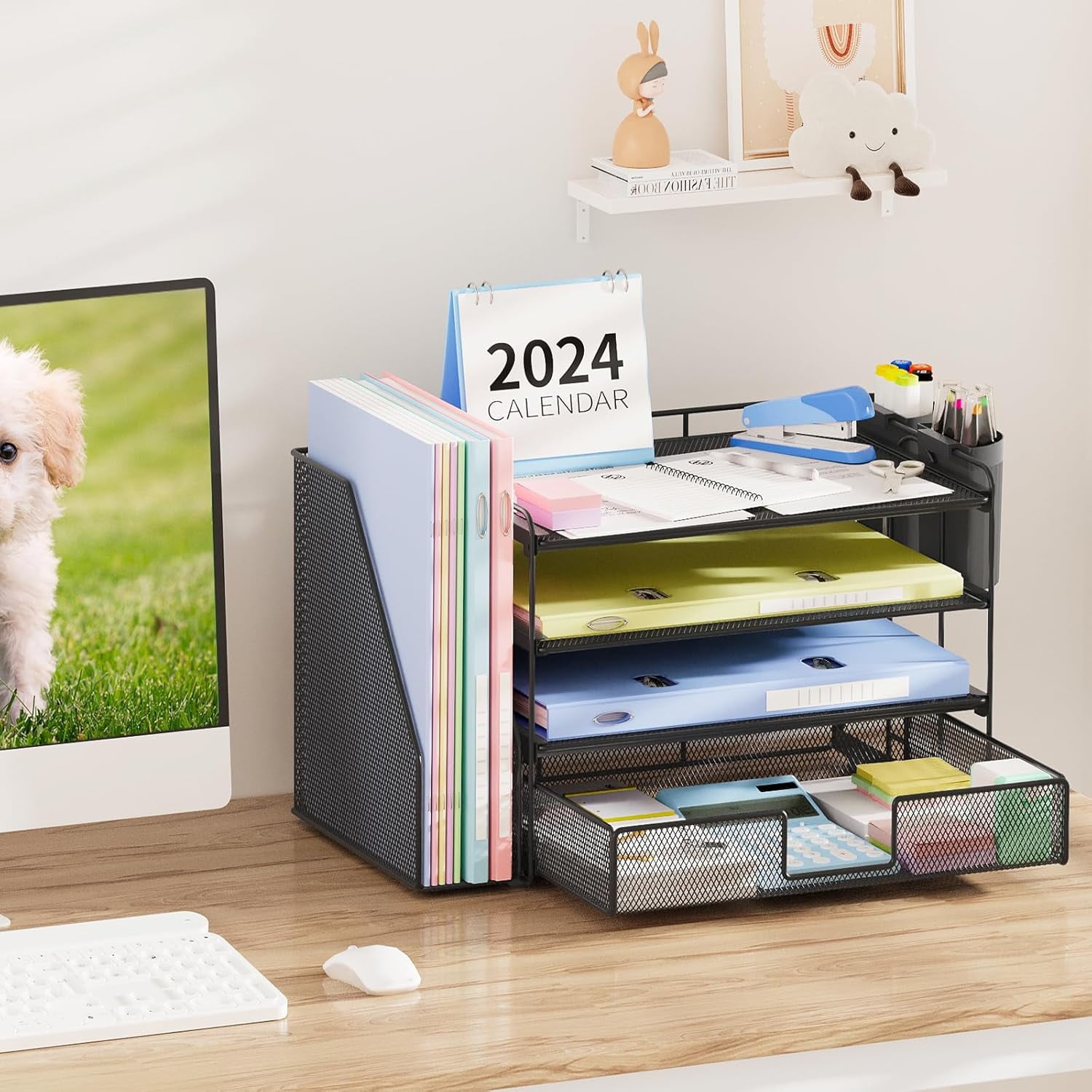 Desk Organizer and Accessories, 4-Tier Desktop File Organizer with Drawer and 2 Pen Holders, Office Desk Accessories, Workspace Organizers for Office Supplies(Black)