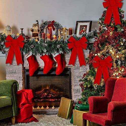 10-Pack Large Velvet Christmas Bows with Glitter Gold Edge for Tree Wreath Fireplace Stair Railing Indoor Outdoor Holiday Decorations