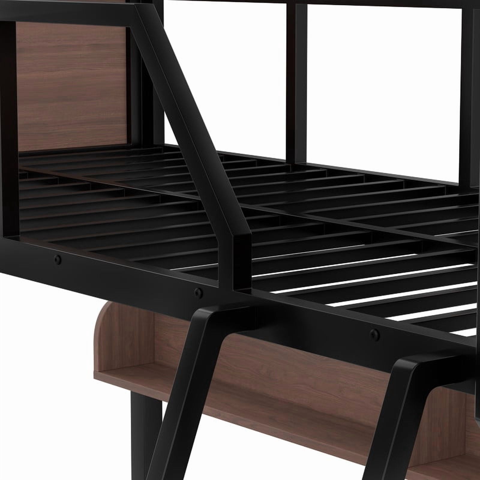 Twin over Full Size Metal Bunk Bed, Kids Teens Chic Bed Frame with Bedside Storage Shelves and LED Light Strip
