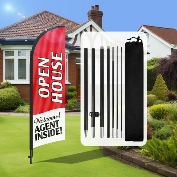 QSUM Open House Feather Flag with Flag Pole Kit and Ground Spike, 7FT Open House Windless Flag Banner Sign Business for Welcome Agent Inside Outdoor Advertising Sign Decoration Display（Red）