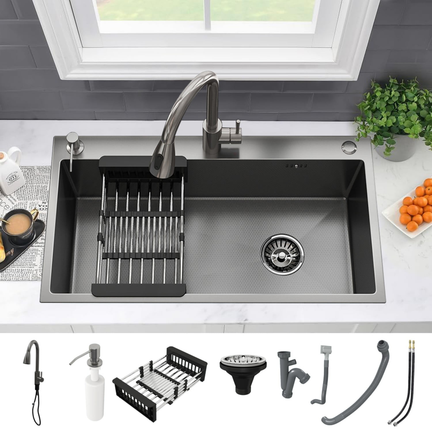 MEANDAROL 28" Drop in Kitchen Sink Stainless Steel Black Single Sink，Modern Design Durable with Multiple Accessories，Net Content: 15LB