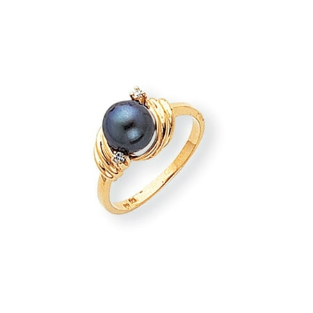 - Solid 14k Yellow Gold Black FW Cultured Pearl & Diamond Ring (2mm) - Size 4