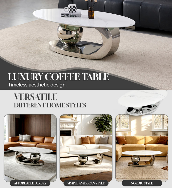 51.2-Inch Oval Faux Marble Top Center Coffee Table, Living Room End Table with C-Shaped Stainless Steel Base