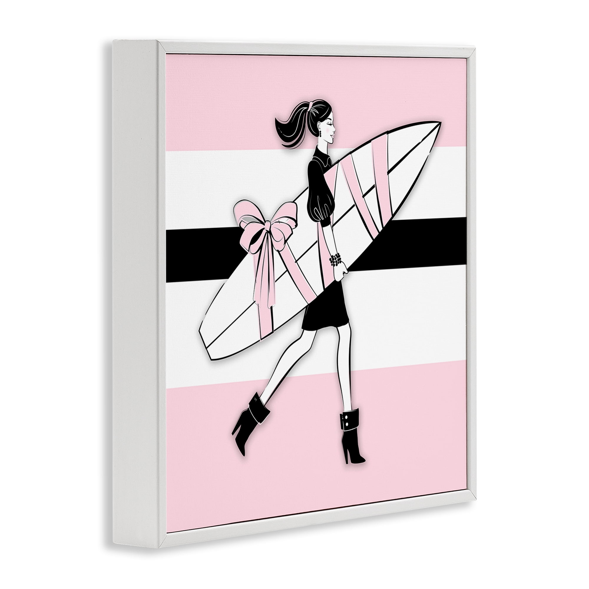 Stupell Industries Glam Girl With Surfboard Novelty Painting White Framed Art Print Wall Art, 12 x 12