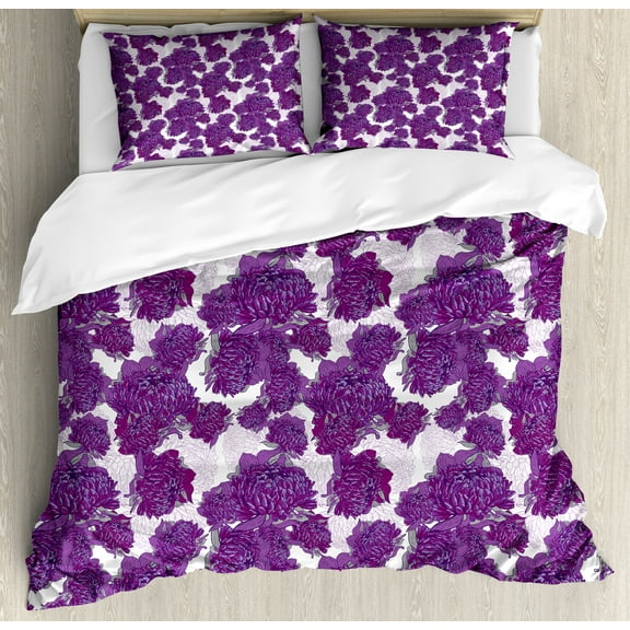 Mauve Duvet Cover Set, Unusual Vivid Allium Flower Petals Design Abstract Hippie Victorian Peony Art, Decorative 3 Piece Bedding Set with 2 Pillow Shams, Calking Size, Purple White, by Ambesonne