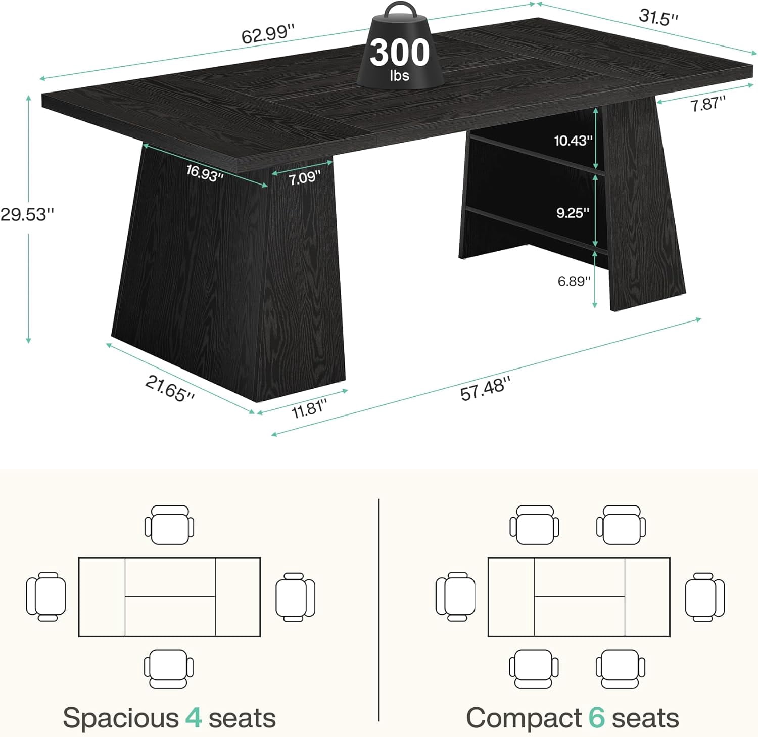 Tribesigns 63" Black Dining Table for 4-6, Rectangular Wood Kitchen Table for Kitchen, Dining Room