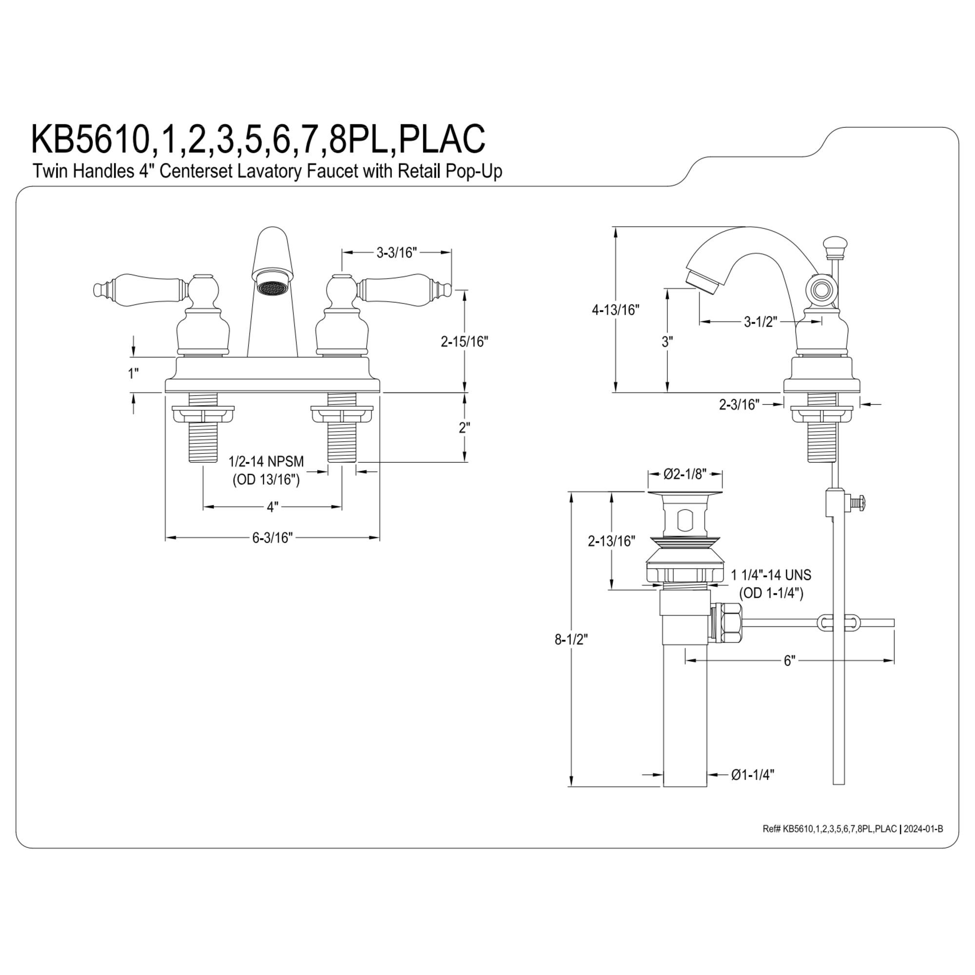 Kingston Brass KB5610PL Double-Handle 3-Hole Deck Mount 4-Inch Centerset Bathroom Faucet with Pop-Up Drain in Matte Black