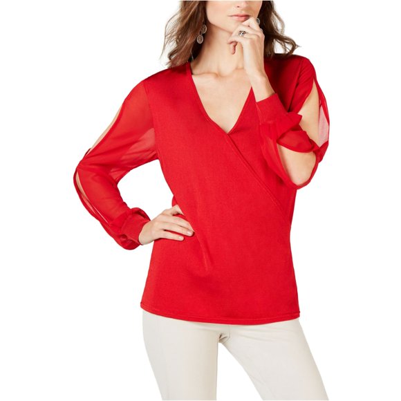 INC Womens Illusion Surplice Pullover Blusa, Rojo, Mediano