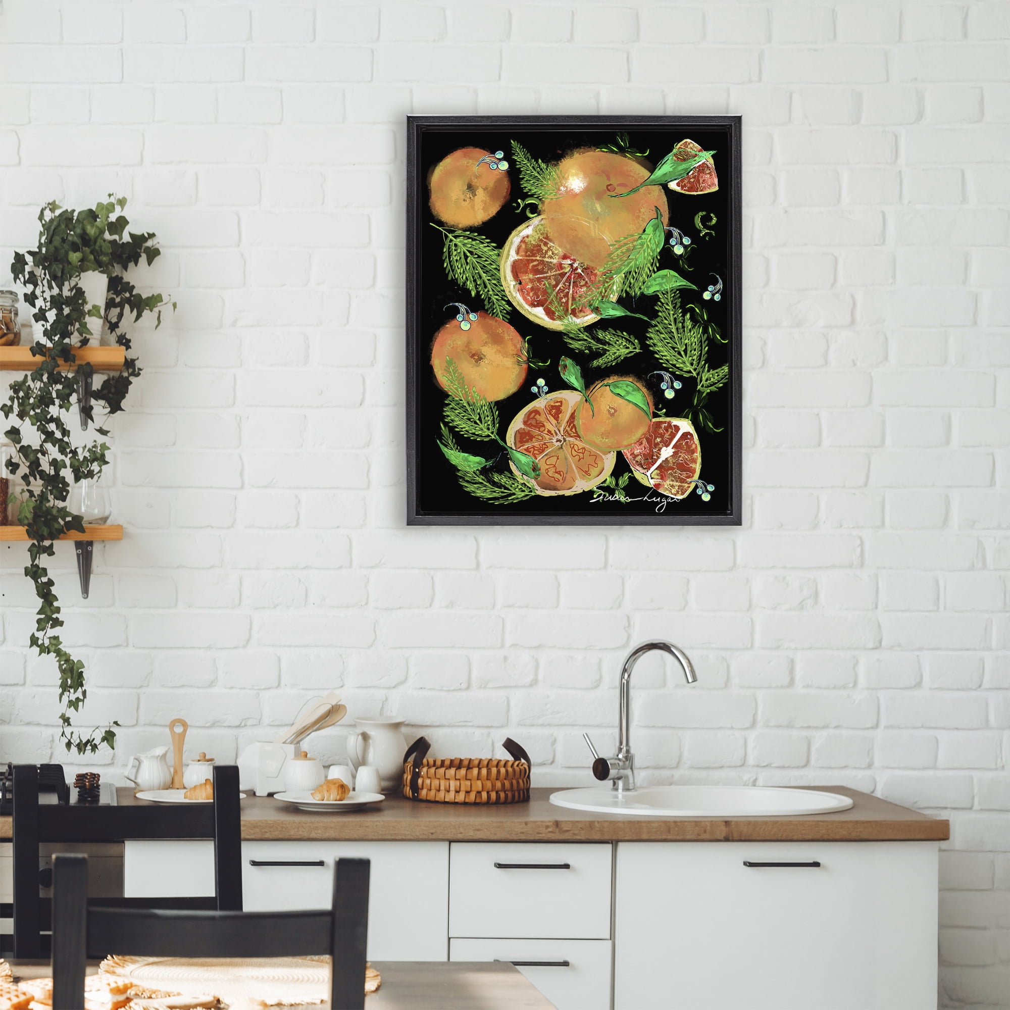 Stupell Industries Grapefruit & Ferns Medley Black Framed Floater Canvas Wall Art, design by Susan Lugar