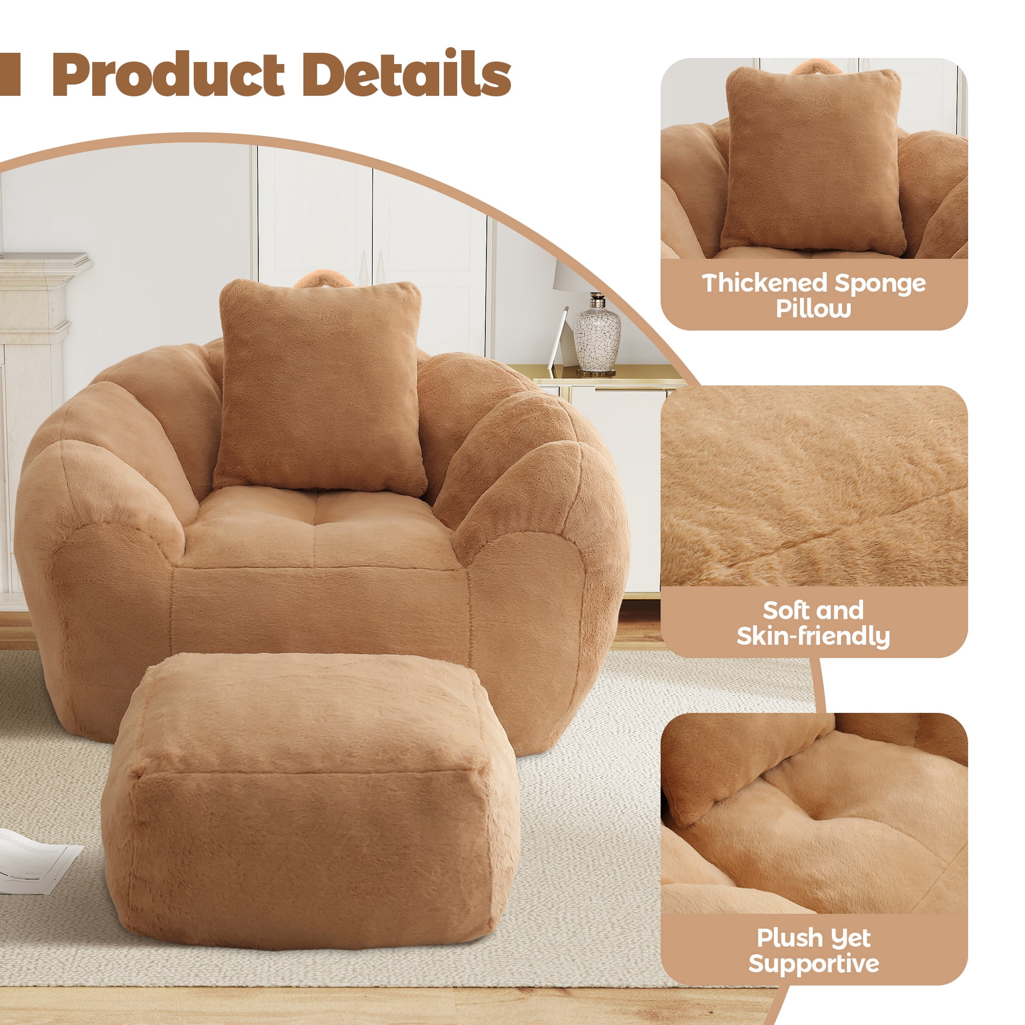 Aukfa Giant Bean Bag Chair,Lounge Chair Floor Lazy Sofa Bed with Ottoman & Pillow,Khaki