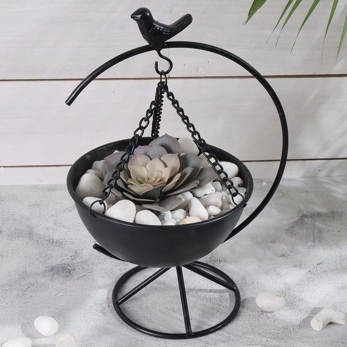 Science Purchase Elegant Matte Black Metal Bird Floor-Standing Indoor Planter with Hanging Bowl for Small Plants, 13-inches Tall x 8.6-inches Wide