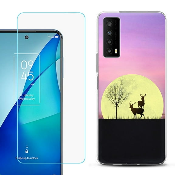 Slim-Fit Gel TPU Phone Case for TCL Stylus 5G, with Tempered Glass Screen Protector, by OneToughShield ® - Moonlight Deer