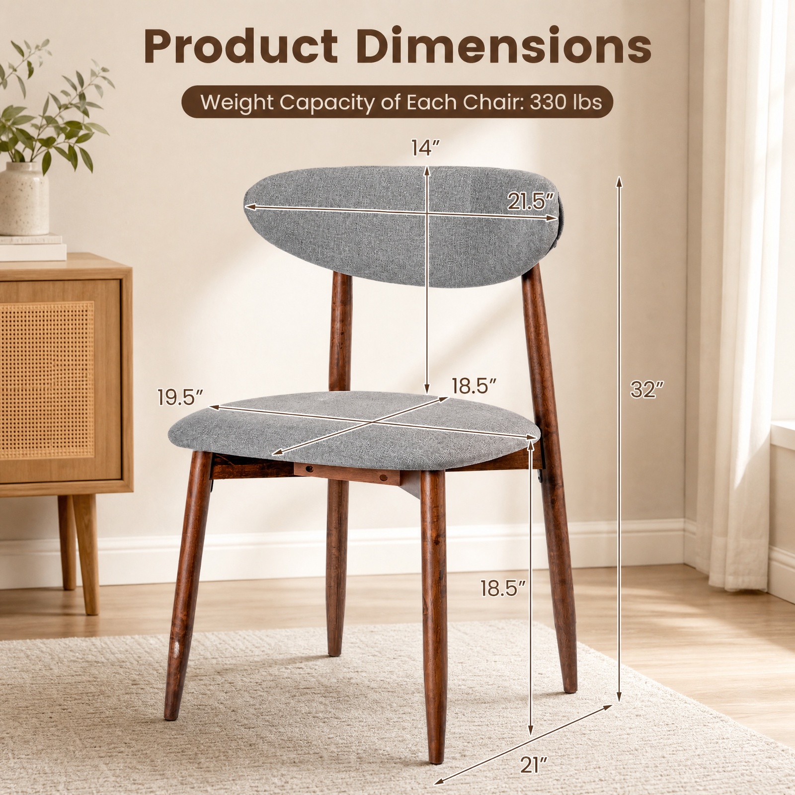 Furnibear Fabric Upholstered Dining Chairs Set of 2 with Curved Backs and Solid Rubber Wood Legs for Kitchen and Farmhouse Dining Room, Gray