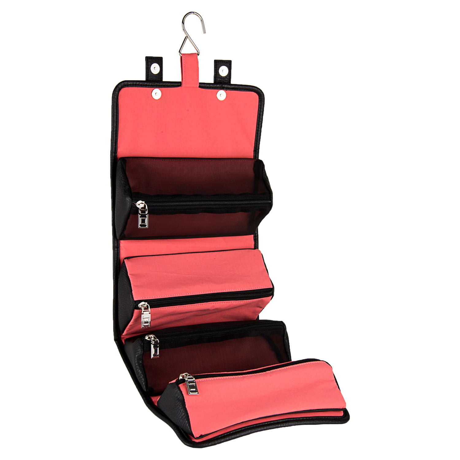 4-in-1 Compact Travel Organizer – Fold-Flat Hanging Toiletry & Accessory Bag with 2 Privacy Compartments & 2 Mesh Pockets, Water-Repellent Faux Leather Case