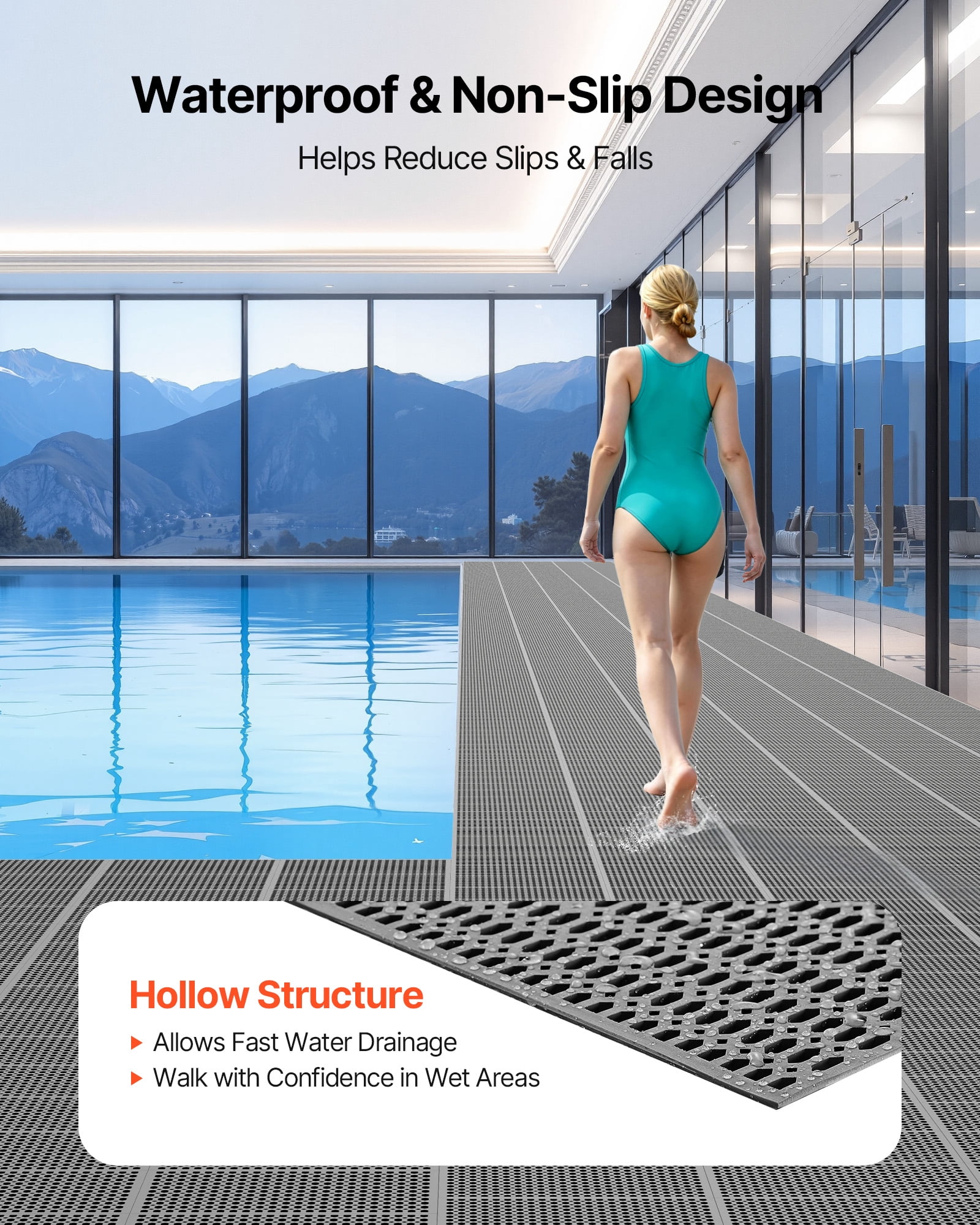 VEVOR Drainage Mat, 3 x 50 ft, PVC Non Slip Commercial Floor Mat, Wet Area Water Drain Splash Matting Hollow Doormat Roll, for Outdoor Indoor Restaurant Swimming Pool Patio Bathroom Washroom, Black
