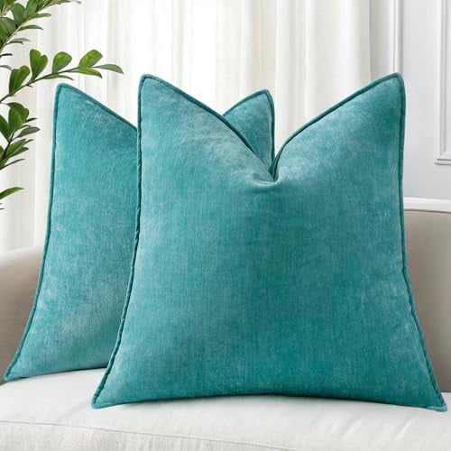 Couch Throw Pillow Covers 20x20 Set of 2, Decorative Soft Euro Neutral Chenille Pillow Covers with Elegant Design for Sofa Bed Living Room Home Decor, Teal