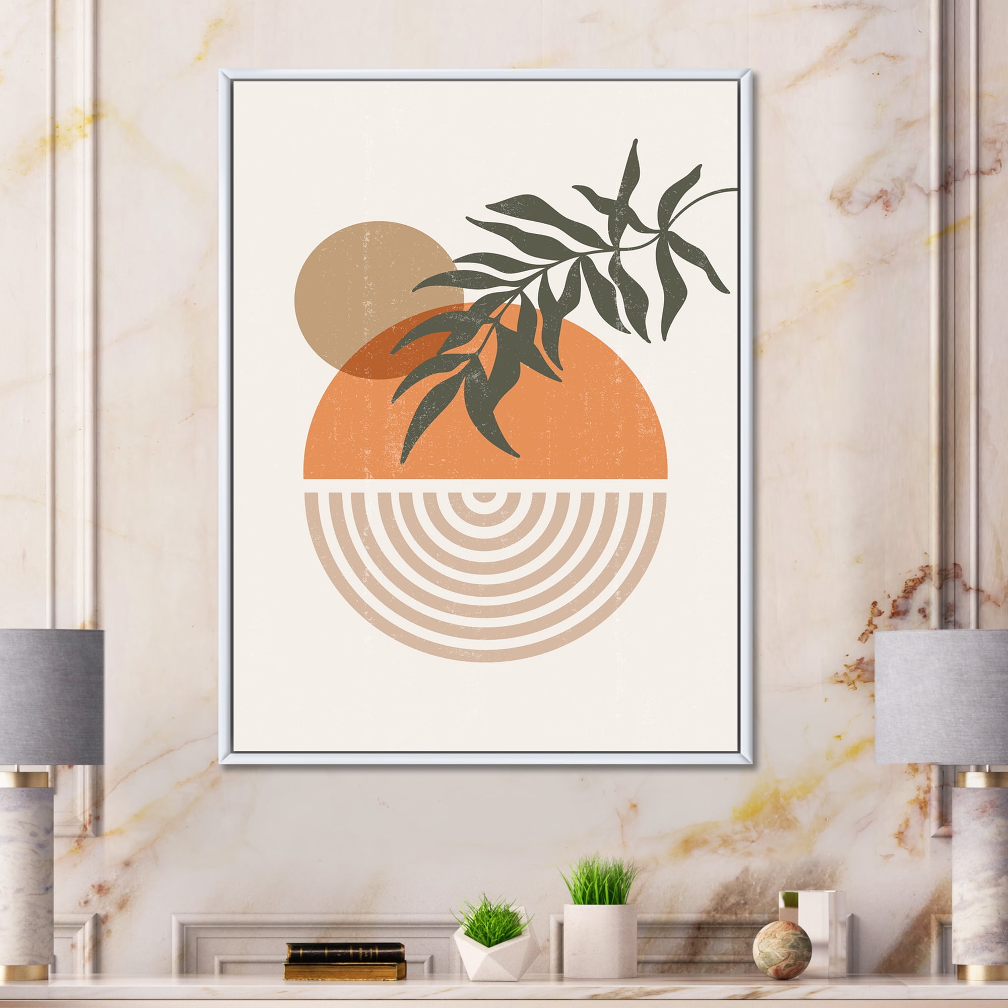 Designart 'Abstract Geometrical Moon and Sun With Leaf I' Modern Framed Canvas Wall Art Print