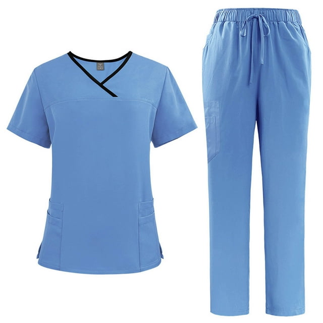 Ensemble de Sarrau Jogger 2 Pcs pour Femmes, Uniformes d'Infirmière Classiques et Tendance, Hauts à Manches Courtes à Encolure Croisée et Pantalons, Uniforme Médical, Bleu Ciel, M