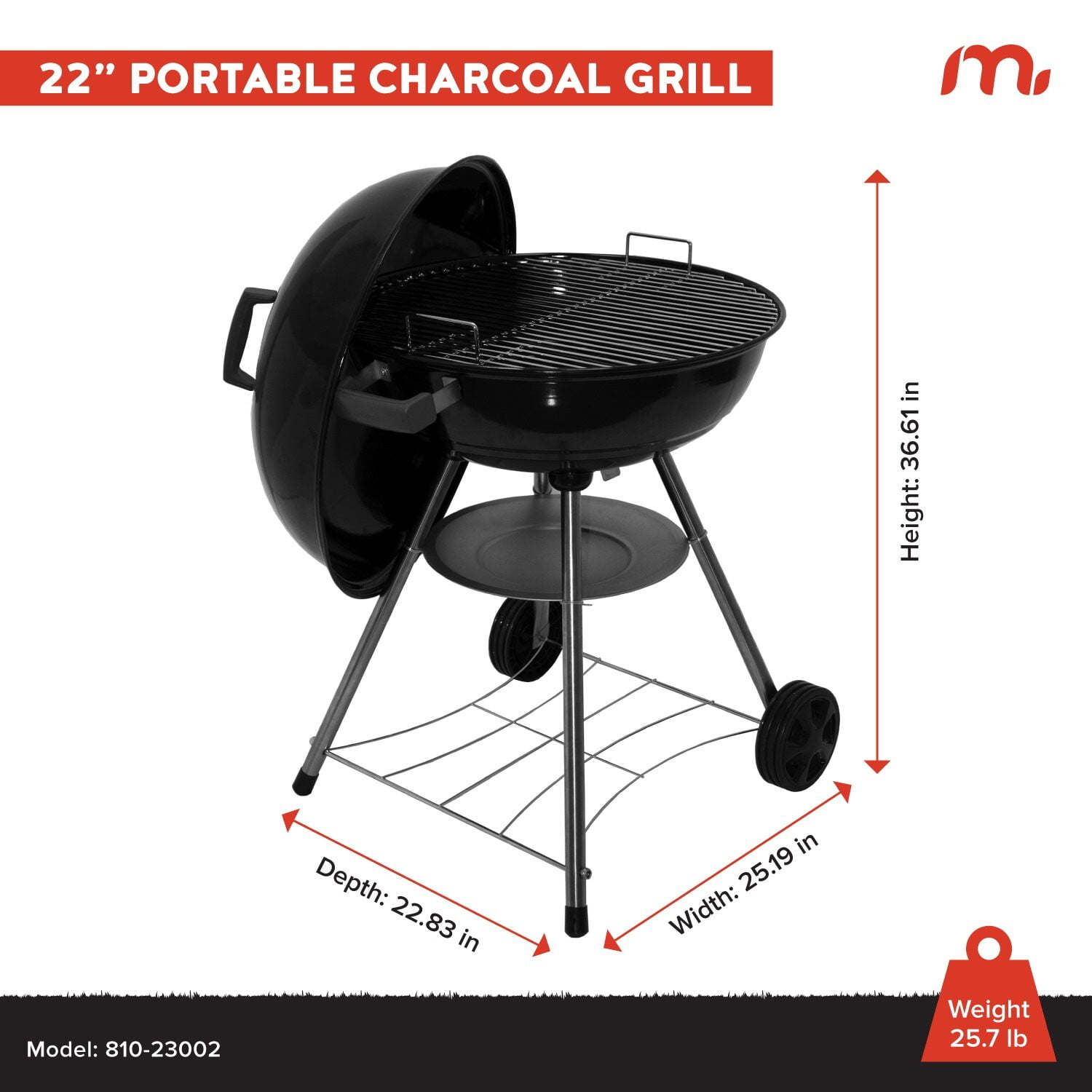 Megamaster – 22" Heavy Duty Charcoal Barbecue Grill with Adjustable Air Vent, 354 SQ. In Cooking Area, Storage Rack, 2 Wheeled Portable Grill for Camping, Outdoor Cooking, and More - 810-23002