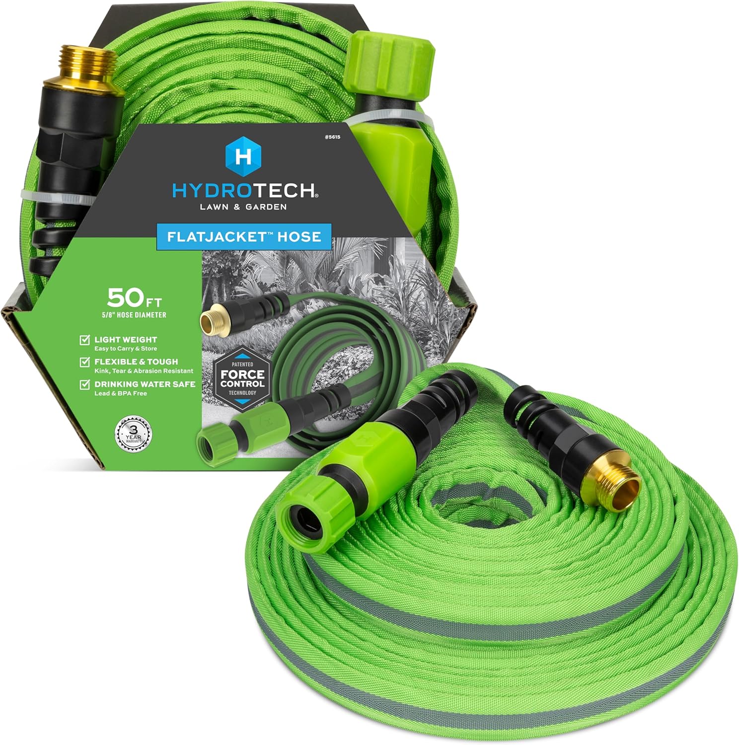 HydroTech FLATJACKET 5/8" 50 ft Garden Hose with Patented Force Control Technology - Flexible, Kink-Free, Lightweight Hose for Lawn, Garden, Car Washing, Deck and Patio Cleaning