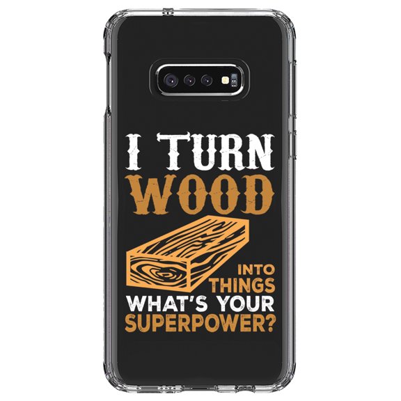 DistinctInk Clear Shockproof Hybrid Case for Samsung Galaxy S10e (5.8" Screen) - TPU Bumper Acrylic Back Tempered Glass Screen Protector - Turn Wood into Things What's Your Superpower