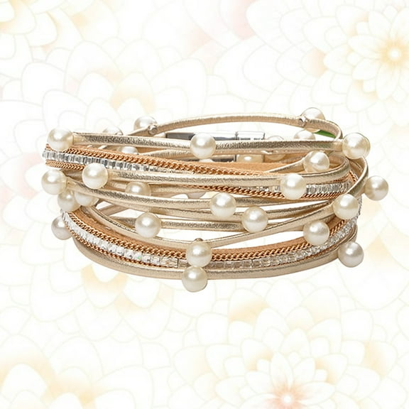 Masteelf 1Pc Fashion PU Bracelet Delicate Rhinestone Inlaid Bangle Elegant Charming Wrist Jewelry for Women Ladies Girls (Light Golden)