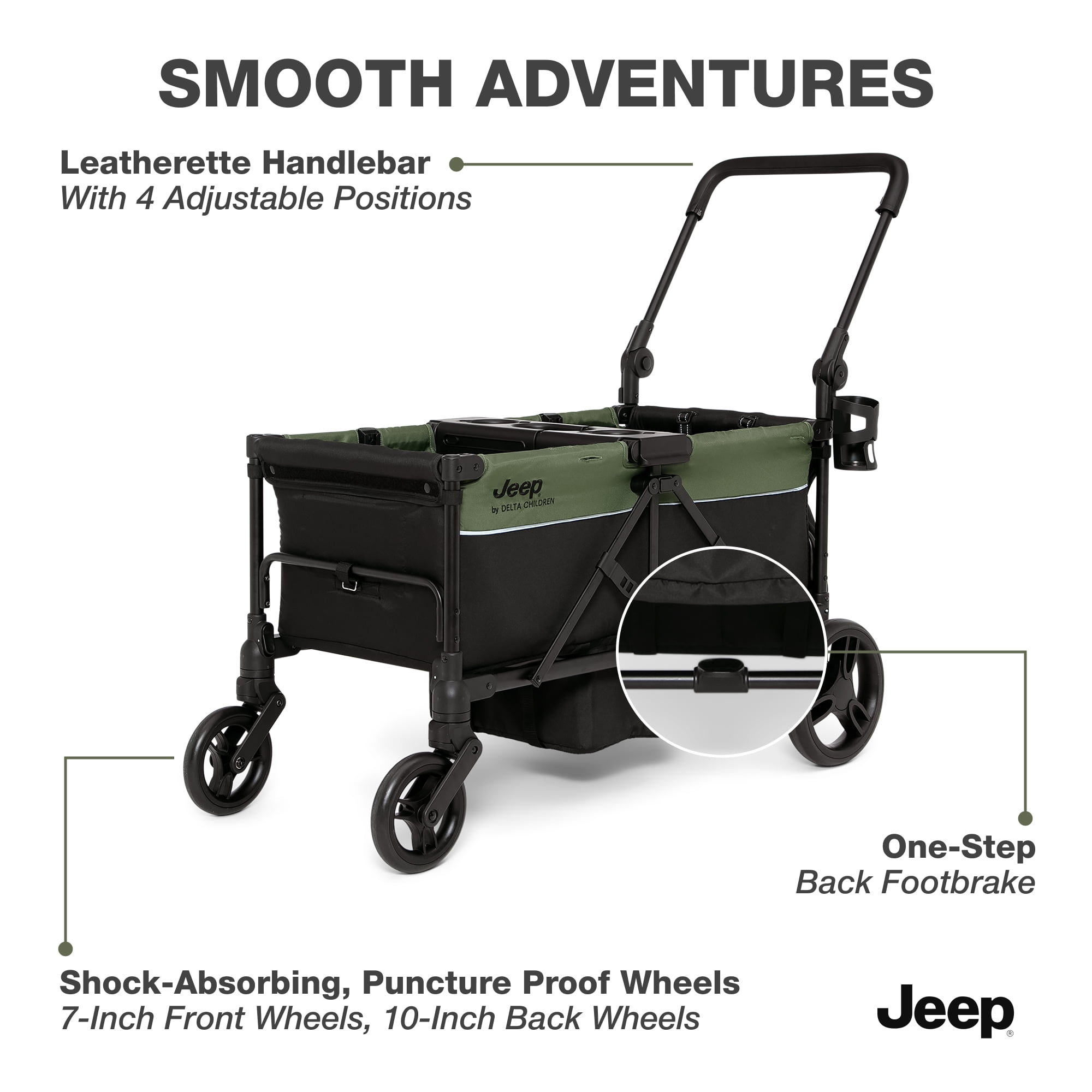 Jeep TurboGlyde Stroller Wagon by Delta Children – Extended Footwell for More Leg Room, Greenguard Gold Certified, Black/Green