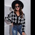 thumbnail image 4 of Suéteres de Punto para Mujer, de Larga, con Rombos, Abertura Frontal, Botones y Cuello en V, Abrigos Cortos Gris Negro XL, 4 of 10