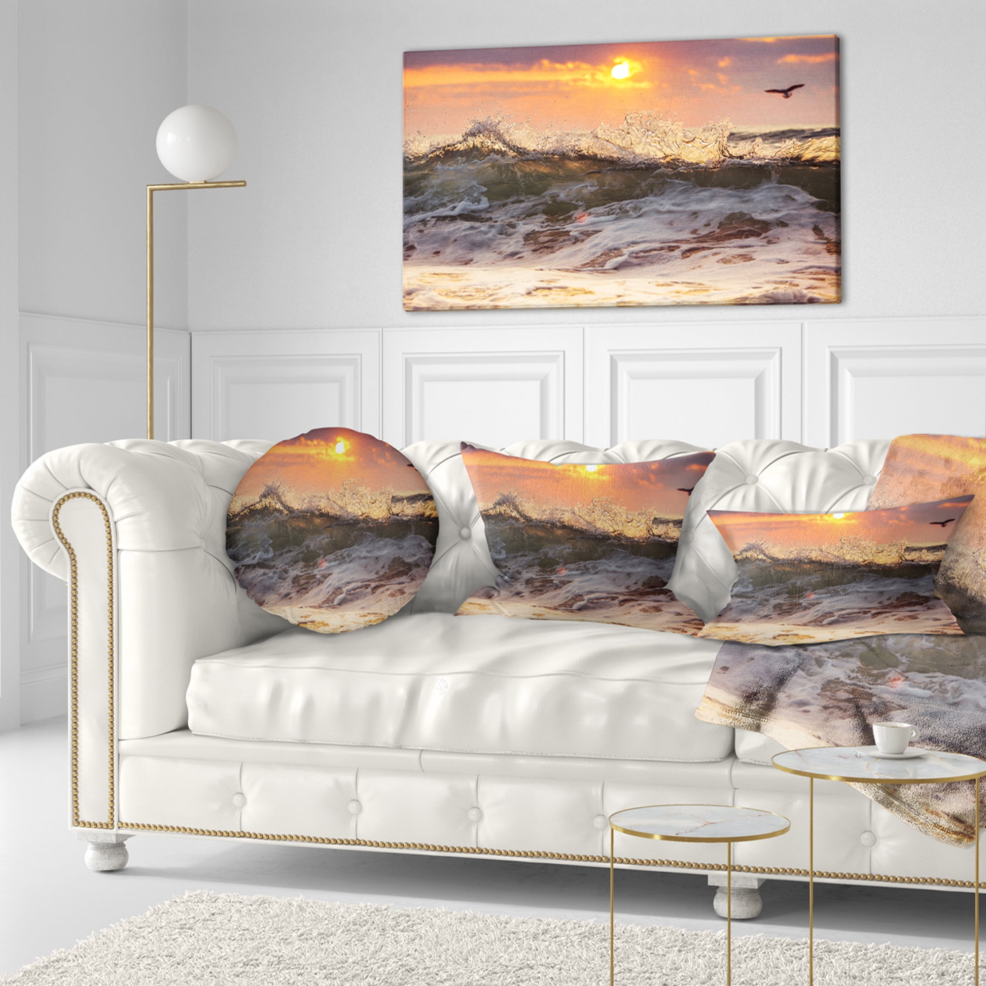 Designart Sunrise and Roaring Ocean Waves - Seascape Throw Pillow - 12x20