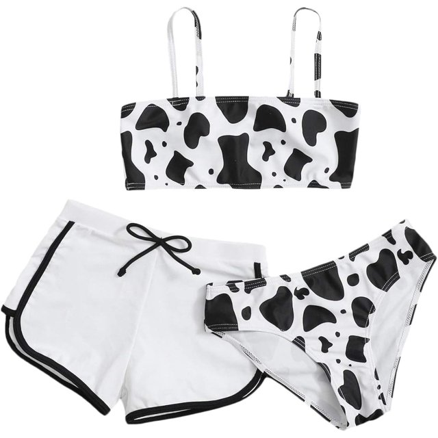 Trajes de baño para niñas de 3 piezas, traje de baño bikini con estampado de vaca y pantalones cortos