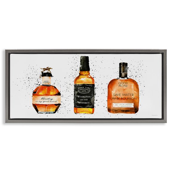 Stupell Industries Funny Phrases Whiskey Bottles Food & Beverage Painting Gray Floater Framed Canvas Art Print Wall Art, 25 x 11