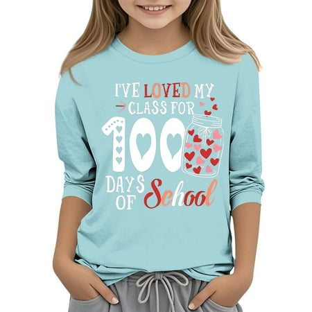 Lightning of Today Prime Xdegoge 100 Days of School Shirt for Girls Crewneck Graphic Tops 3/4 Length Sleeve Casual Tops Summer Vacation Birthday Girl Outfit Camisa Para Niña